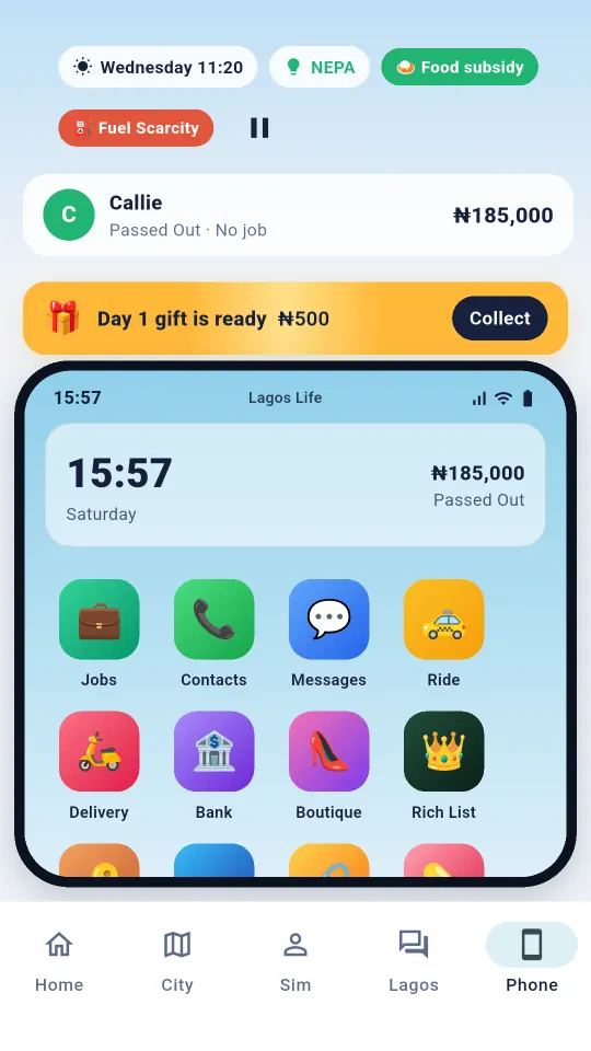 The in-game phone with apps for jobs, contacts, messages, ride, delivery, bank and boutique